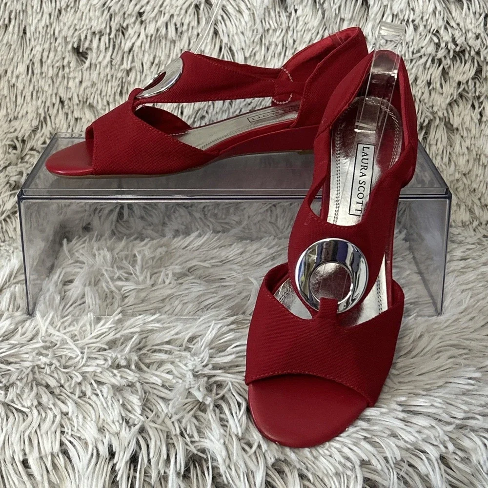 Laura Scott Red Open-Toe Wedge Sandals with Silver Accent